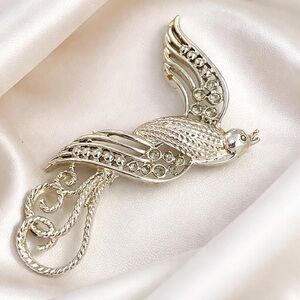 Vintage Silver-Tone Rhinestone Bird Brooch Large Statement Pin Mid-Century Style